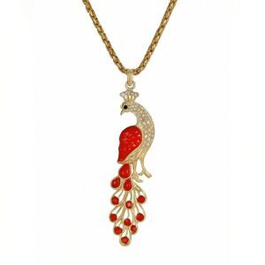 Betsey Johnson Gold Tone Red Peacock Crystal Pendant Necklace